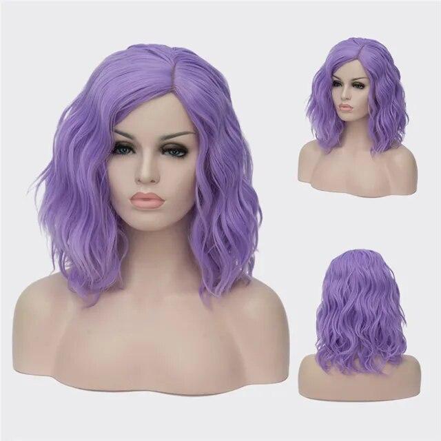 Peruci Cosplay ondulate pentru femei, scurte, albastru, violet, roz, verde, auriu, galben, parte laterală, păr sintetic din fibre rezistente la căldură