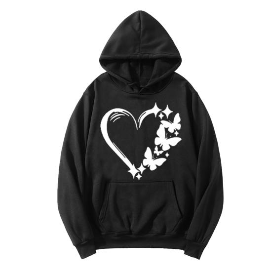 Women's Graphic Hoodie Heart Butterfly Print Drawstring Long Sleeve Pullover Sweatshirt Fall Casual Oversized Hooded Top with Pocket