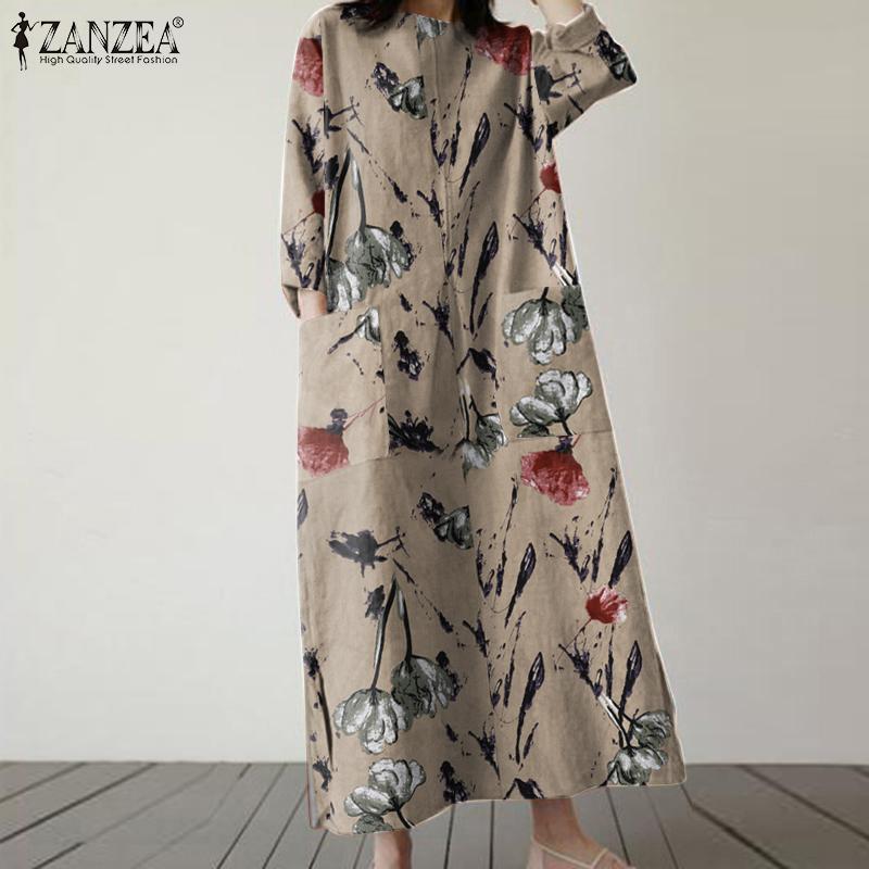 

Zanzea повседневное летнее хлопковое платье с круглым вырезом и рукавами 3/4 с принтом