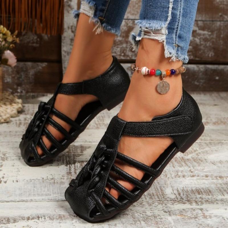 

Fashion 2025 New Genuine Leather Sandals Women Handmade Woven Literary Style Hollow Flat Roman Sandals Ladies Summer Shoes Sandalias 35 чёрный