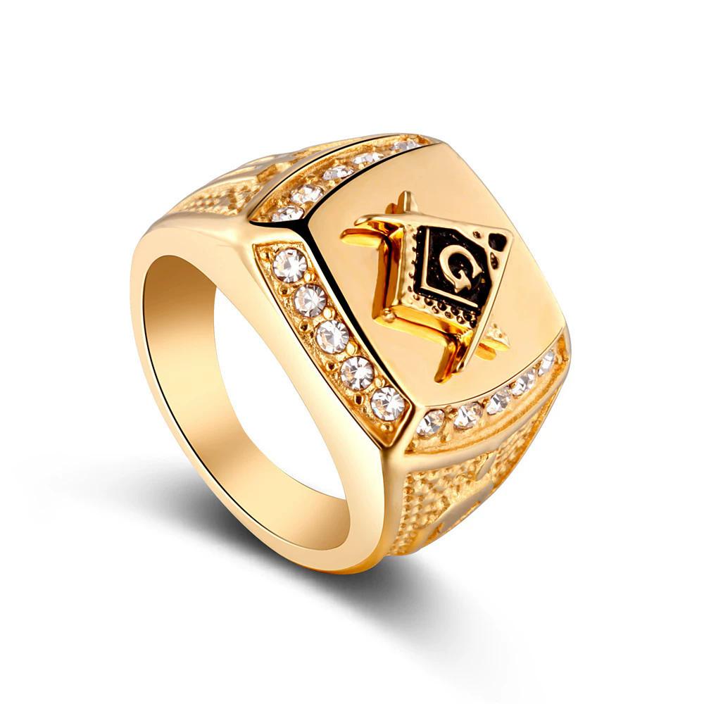 Men Ring Luxury Gold Color Masonic Titanium Jewelry Geometrical Design Crystal Masonic Rings Fashion Jewelry 8
