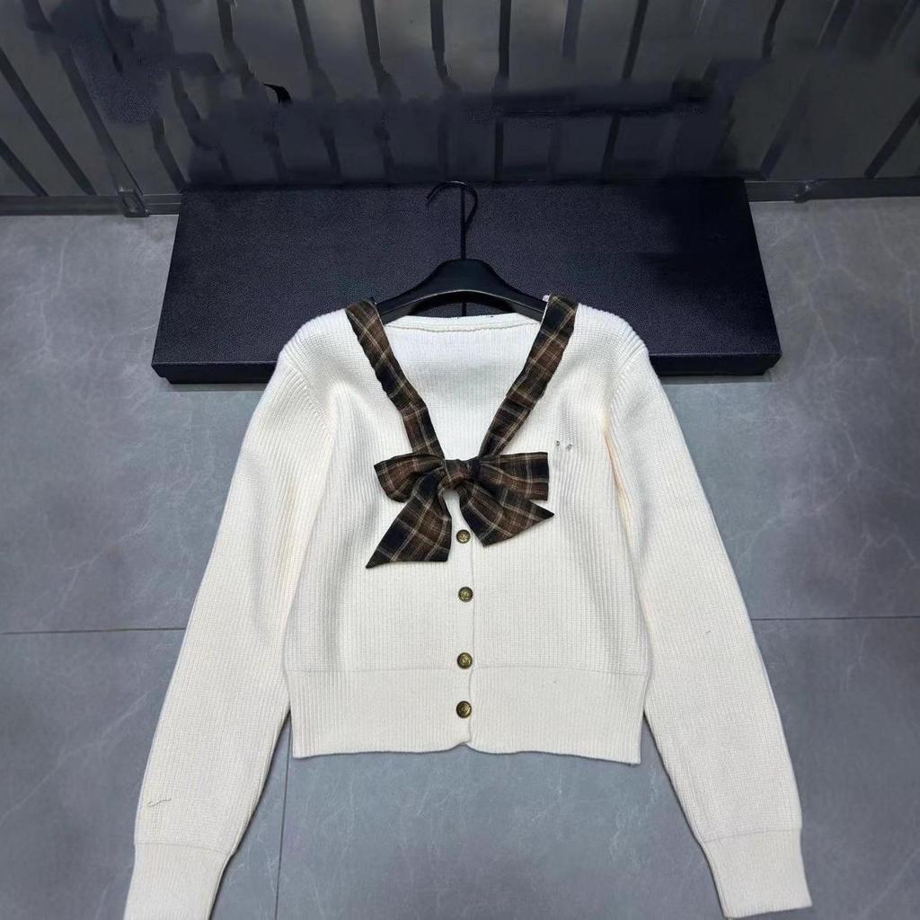 Saint Family - 2025 Autumn/Winter Plaid Bow V-Neck Knit Cardigan with Brooch: Age-Reducing, Loose, Versatile Top.