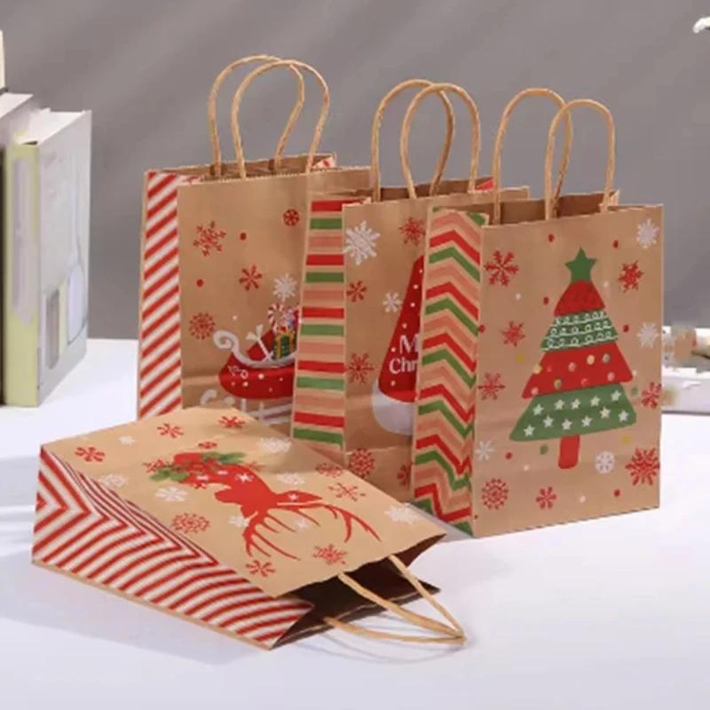 Handheld Christmas Gift Bag Kraft Paper with Handle  Printed Paper Bag Festive Gift Bag for Christmas Presents Party Supplies