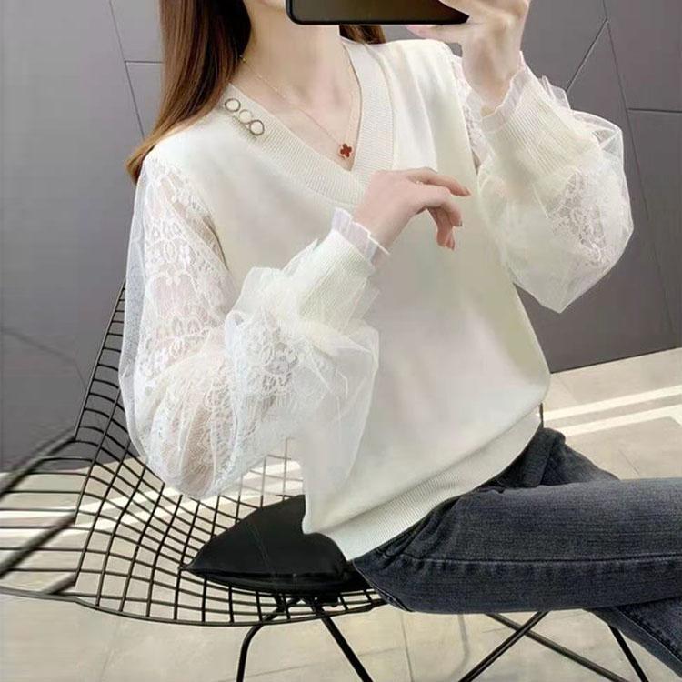 Hollow Out Ice Silk Knitted Shirt Women Spring 2023 New Lace Mesh Splice Underlay V-Neck Solid Long Sleeve Pullover Female Top
