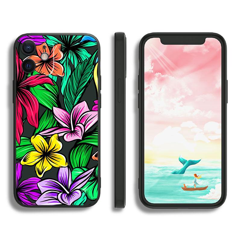 Bunte Blumenblätter für Apple iPhone 11 12 13 Max Mini 7 8 X XR XS Pro Plus Schwarze Luxus-Silikon-Softphone-Hülle