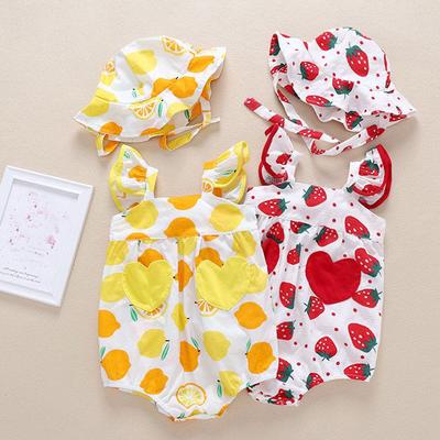 (Kung Pao Chicken)Newborn Infant Baby Girls Straps Fruit Print Romper Sunsuit Hat Bodysuit