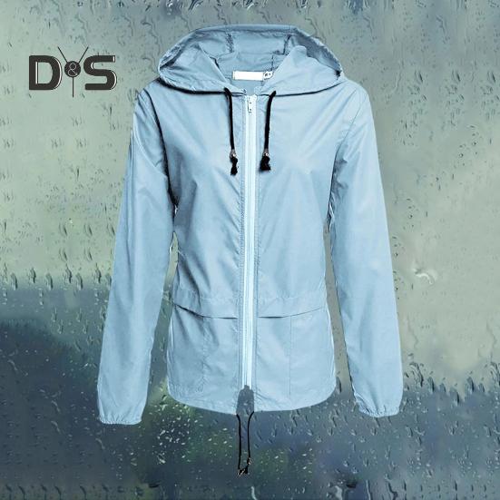 Giacca antipioggia da donna, leggera, comoda, casual, per campeggio, escursionismo, con cappuccio, impermeabile, foderata, antivento, con tasche