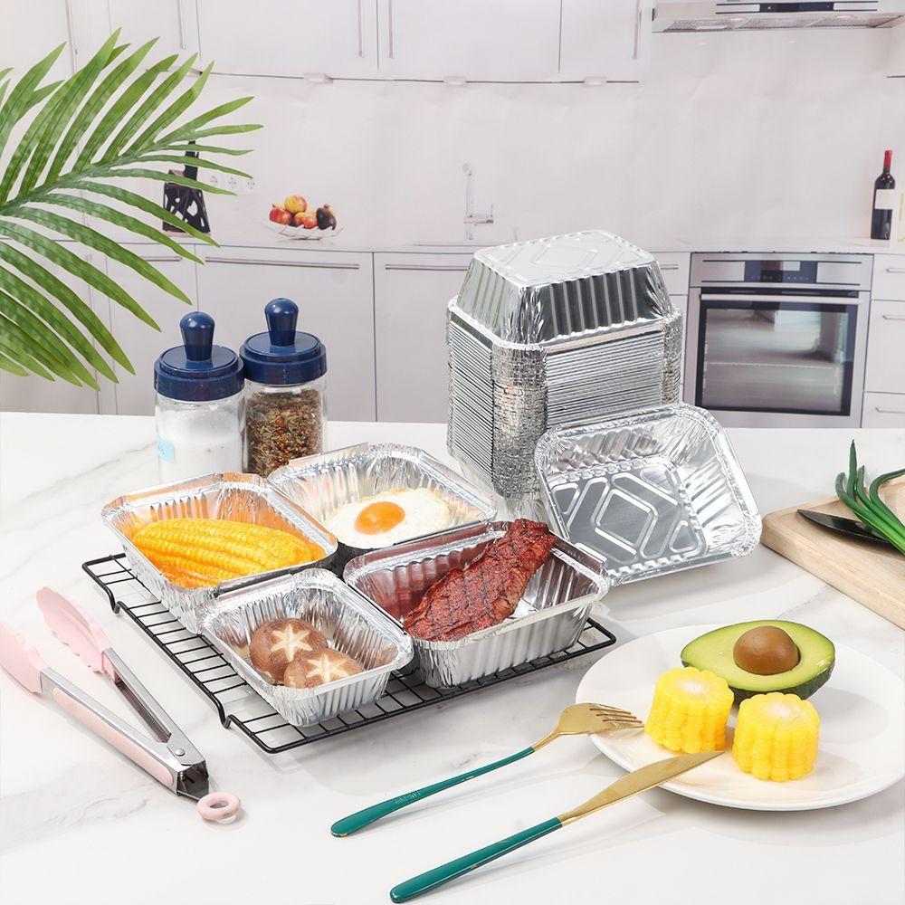 10Pcs Aluminum Foil Rectangular Tin Foil Tray Non-Stick Disposable Food Container Bowl 130/410/700/750ml Air Fryer Paper