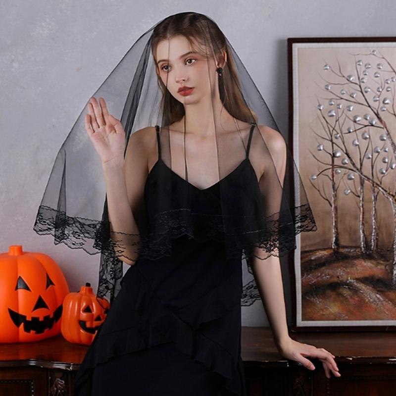 Gothic Lace Flower Trim Wedding Veils with Easy Wear Design for Halloween Bride and Costume Parties Dressingup Headwear