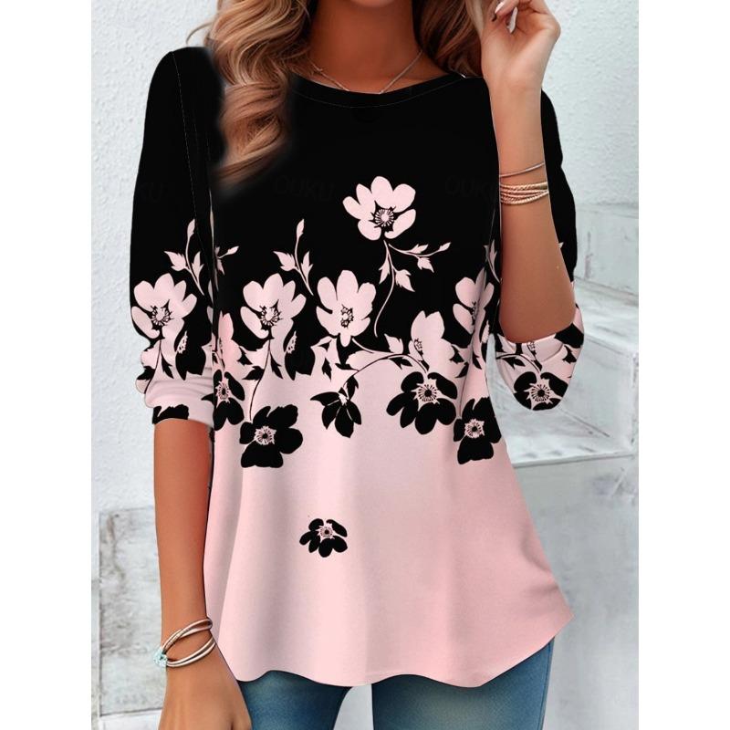 Damen T-Shirt 3D Druck Niedlicher Libellen Blütenblatt Print Lässig Langarm Rundhals Reguläres Oberteil Täglicher Druck Rosa Frühling T-Shirt