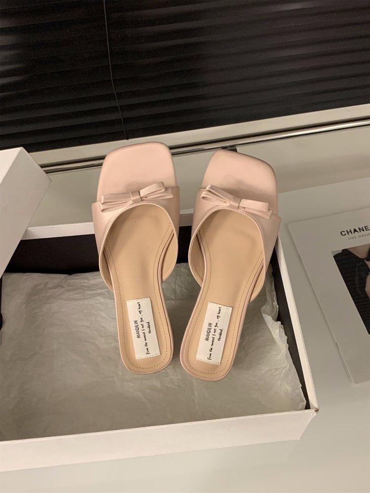Thick heel pink French cool slippers fairy shoes outer wear 2025 new summer with skirt bow sandals