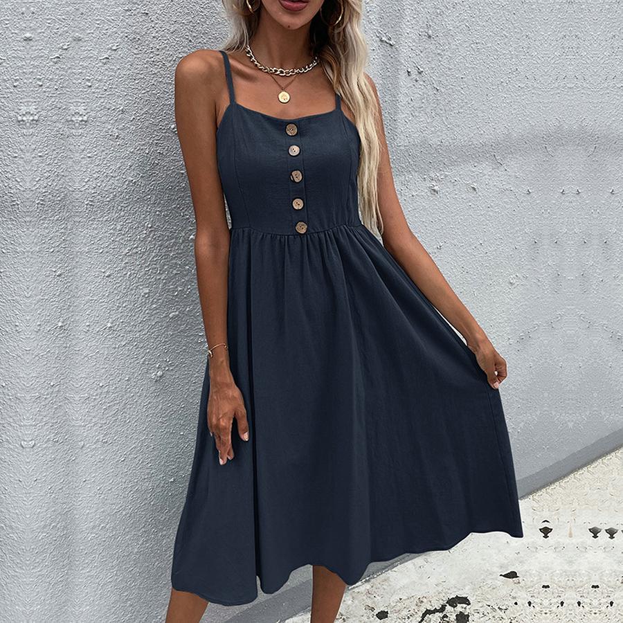 Clothing Women's Summer Strappy Dress Slim Fit Pure Color Cotton Linen Dress
