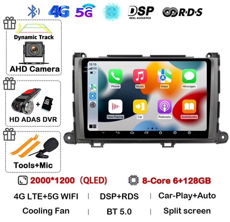Android 14 Carplay Car Radio Player for Toyota Sienna 2009 2010 2011 2012 2013 2014 2Din Multimedia Autoradio Navigation GPS DSP