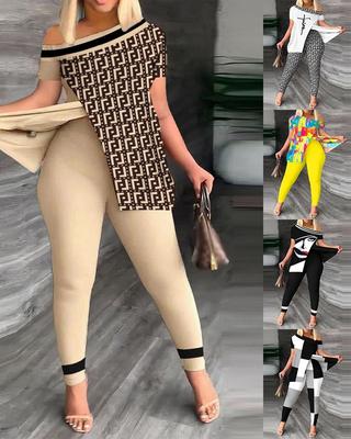 Καλοκαιρινή μόδα σε στάμπα δύο τεμαχίων Γυναικεία κοντό μανίκι σπαστό κολάν Γυναικείο κοστούμι 2 τεμαχίων