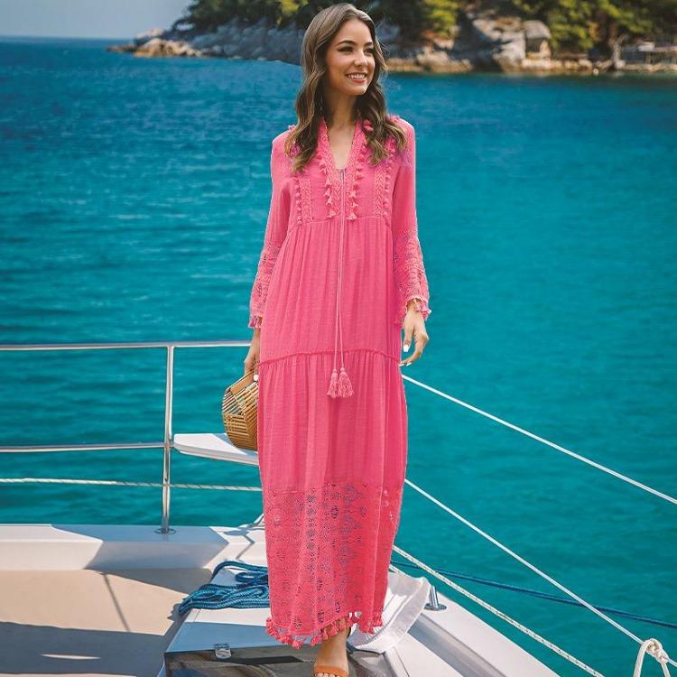 Long Dress for Women Bohemian V Neck Large Size Solid Color Casual Lace Tassel Lady Dress