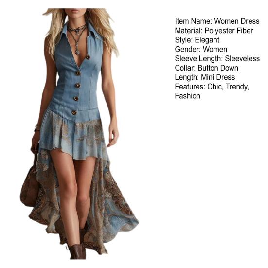 Mini Abito da Donna Bottonato stile Western, Abito Vintage Boho Senza Maniche con Orlo Alto-Basso, Abito Svasato Fluido per le Vacanze