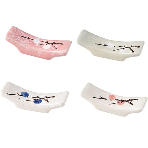 Cute and Stylish 4-piece Chopstick Rest Set Featuring a Plum Blossom Design. Includes Chopstick Rests, a Chopstick Holder, and a Cutlery Rest. This Ja