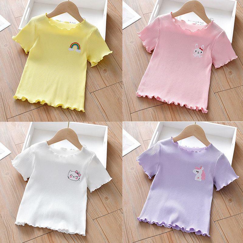 Summer Embroidered Ice Silk Ruffle T-Shirt for Little Girls