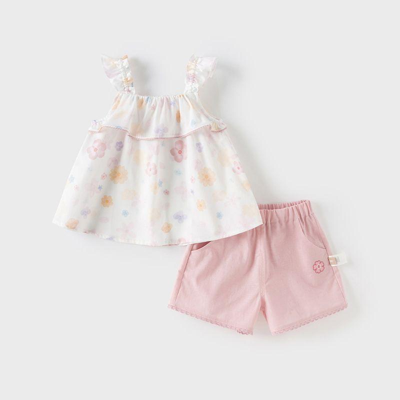 David Bella Kidsren s Shorts Set 2026 Summer New Style Girls Floral Suspender Top Linen Pants Two-Piece Set White Background Printing [Ready Stock] 100
