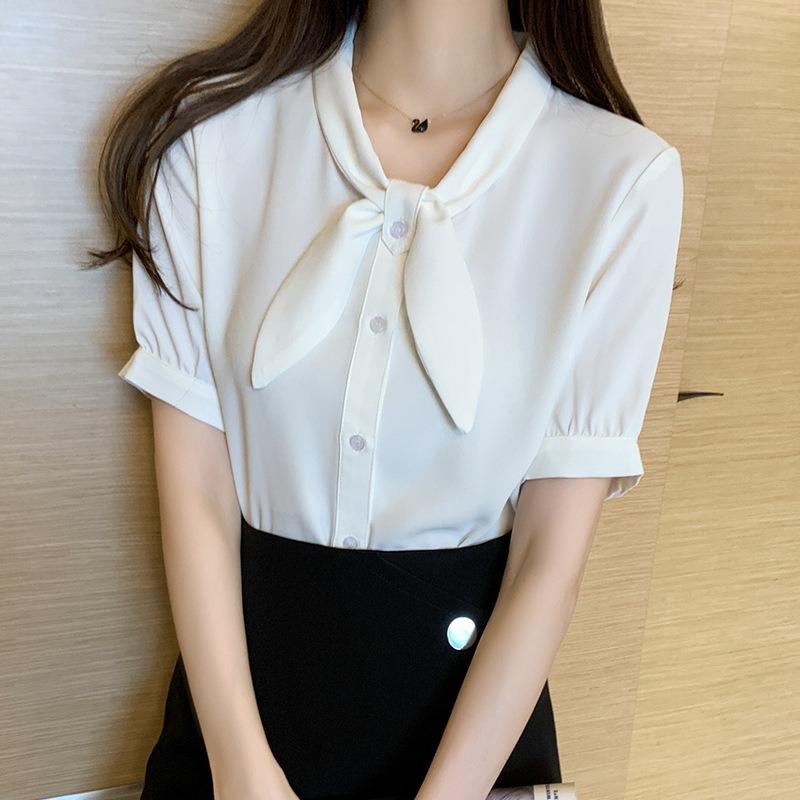 Chiffon Shirt Feminine Short-sleeved Tie Summer Dress Niche Blue Top Retro Shirt Acetate Fiber