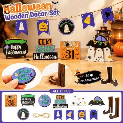Halloween Wooden Decor Set for Home Fall Seasonal Tabletop Display