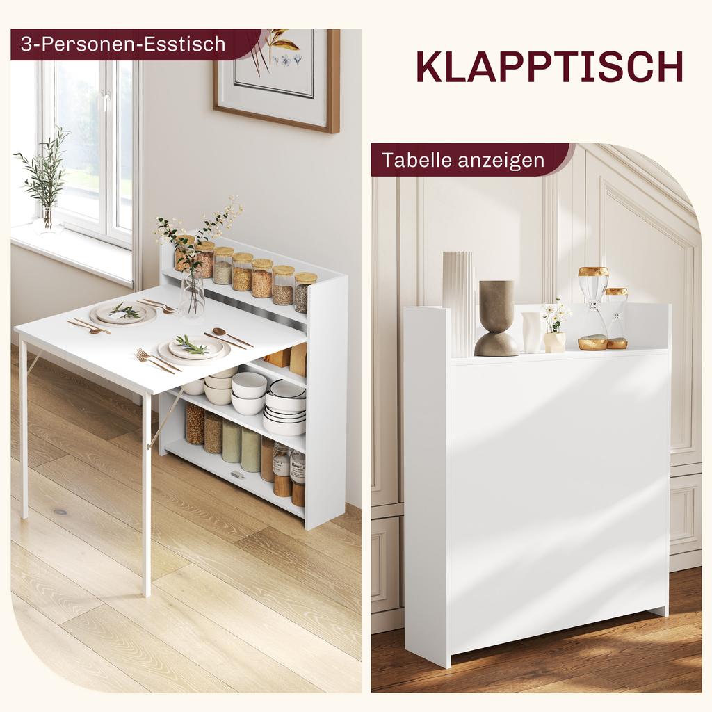 Kitchen Table, Folding Dining Table, with 4-Tier Shelves, Modern Drop-Leaf Table, White