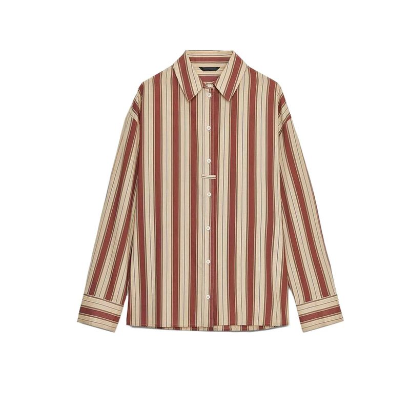 

Zbzr Autumn New Women clothes Western Style Fashion Loose Long sleeve Back Strap Stripe Shirts 8795152 Multi-color L