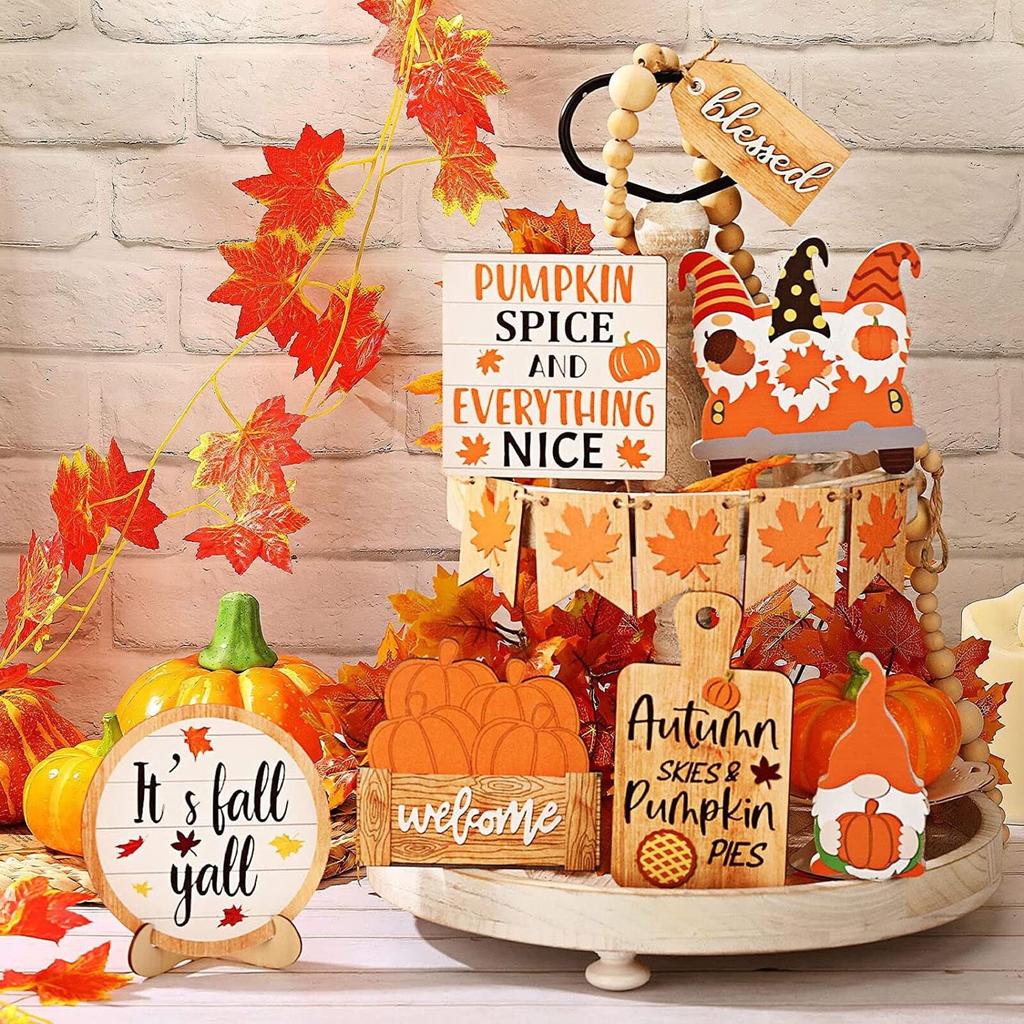 Multi-Piece Fall Tiered Tray Decor Set Thanksgiving Maple Fall Antique Wood Bead Decor Tabletop Sign Halloween Decor