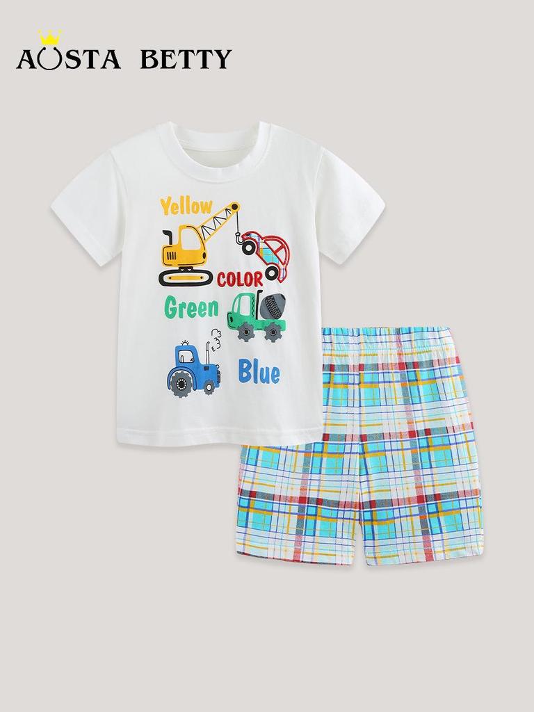 Summer Boys' Short-Sleeve T-shirt & Shorts - European American Style with Car Cartoon Print.