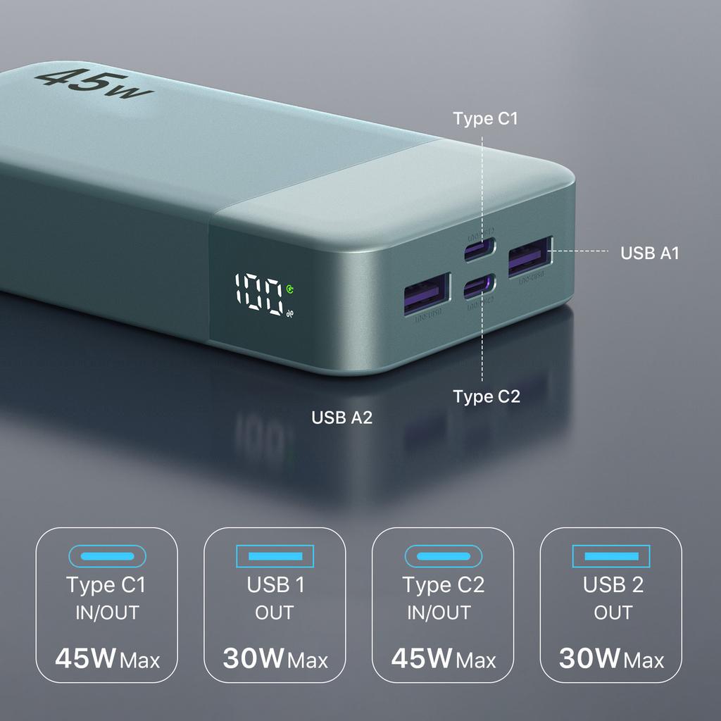 NOBIS 45W Power Bank 20000Mah Slim Portable Smart Led Display Power Banks With Cable