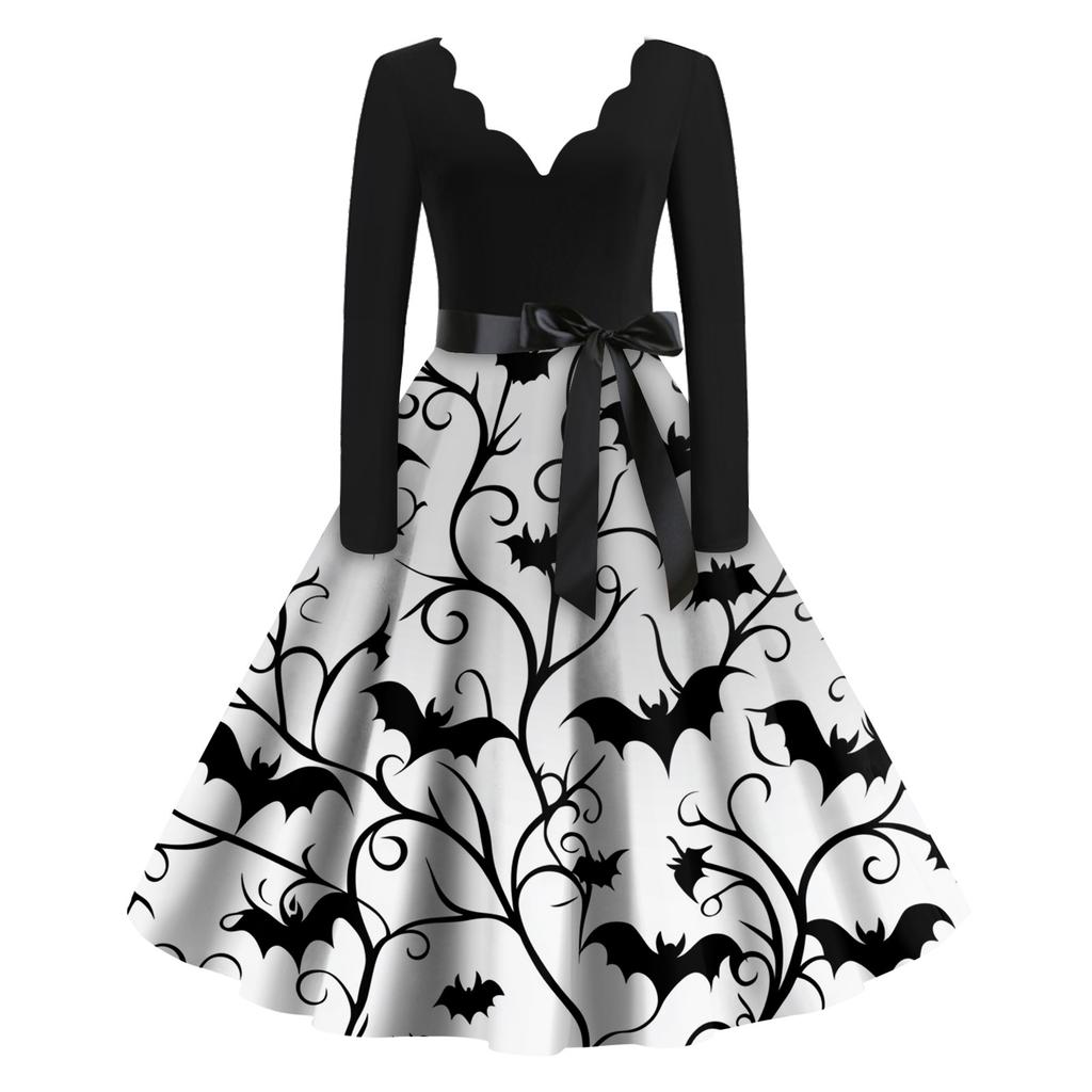 Kvinners uformelle mote Halloween trykt V-hals vintage kjole