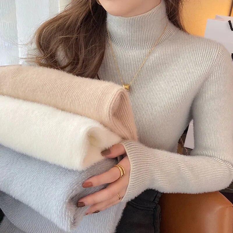 Winter Büro-dame Nerz Fleece Warme Pullover Mode Verdickt High-neck Strickwaren Beiläufige Gestrickte Langarm Pullover Frauen 29784