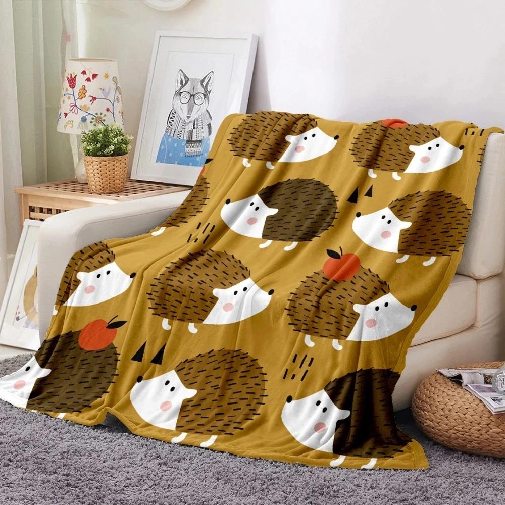 Cartoon Hedgehog Flannel Blanket Soft Warm Lightweight Blanket Cute Animal Print Blanket for Bed Sofa Couch King Queen Size