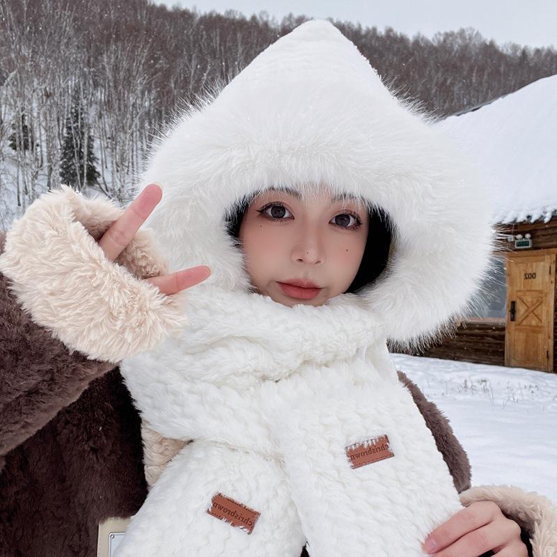Plush Hat Winter New Hat Scarf Gloves Three Piece Set Integrated Korean Version Cute Thickened Velvet Warm Travel