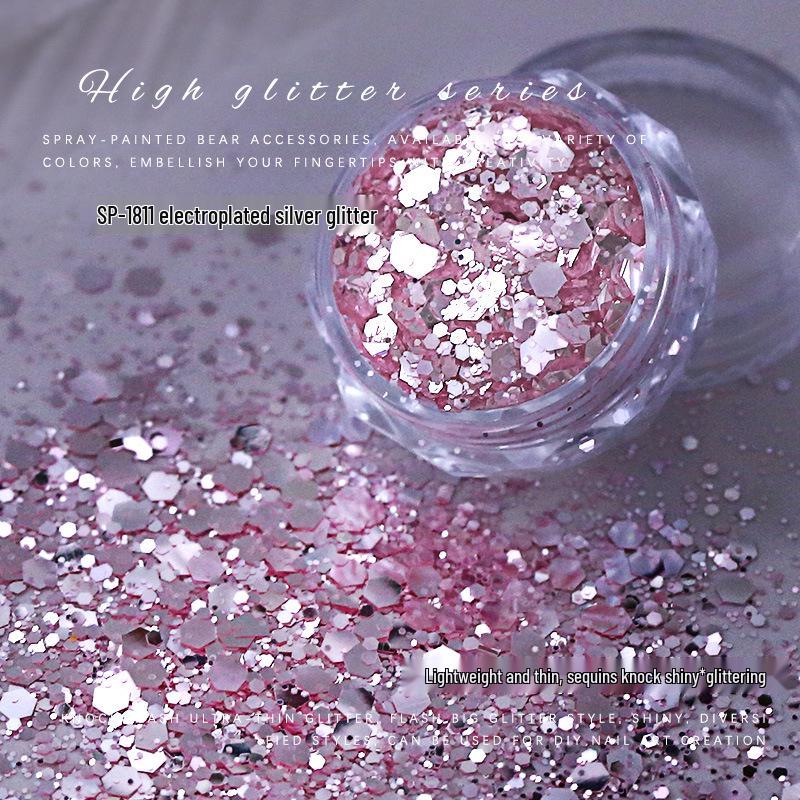 

Серебряные гальванизированные украшения для нейл-арта: Смешанные блестки пайетки в виде крупных и мелких неправильных шестиугольников и кругов.