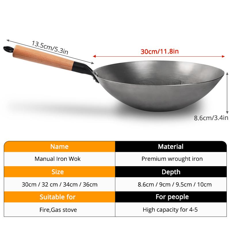 Fypo Handmade Chinese Cast Iron Wok Smokless Cookware Uncoated Iron Pot Frying Pan Non-Stick Kitchen Pot Skillet Wok