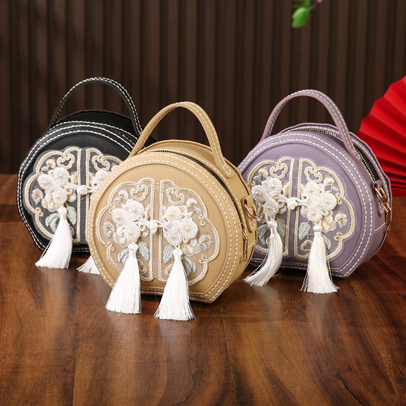 Chinese Style National Style Bag For Women  Versatile Niche Embroidered Messenger Bag Portable High-Capacity Round Bag