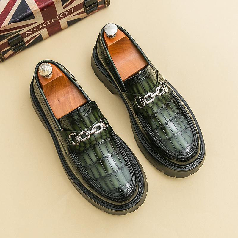 Fashion Fashion Brand Men's Comfortable Thick Soled Round Toe Loafers for Spring New Men's Retro Style Crocodile Leather Oxford Shoes