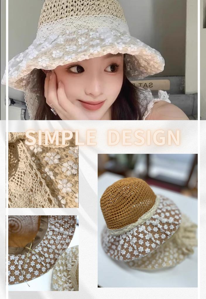 Straw Lace Polka Dot Floral Hat for Women A bucket hat perfect for or as a Deep UV [kanaelun] - basic, free-size hat/fisherman's that's foldable,