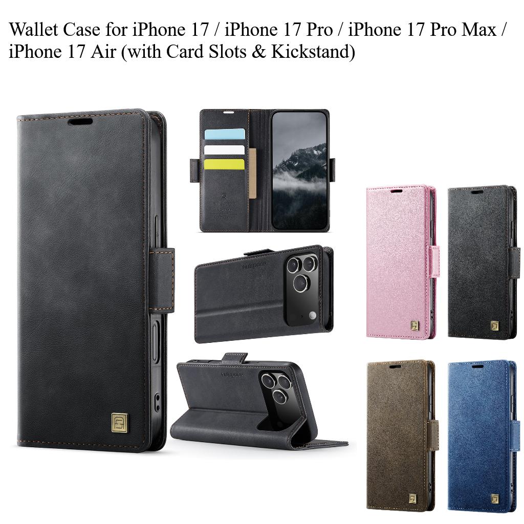Dla iPhone 17 /17 Pro / 17 Pro Max / 17 Air. Etui portfelowe z przegródkami na karty i podpórką, skórzane etui z ochroną 360°