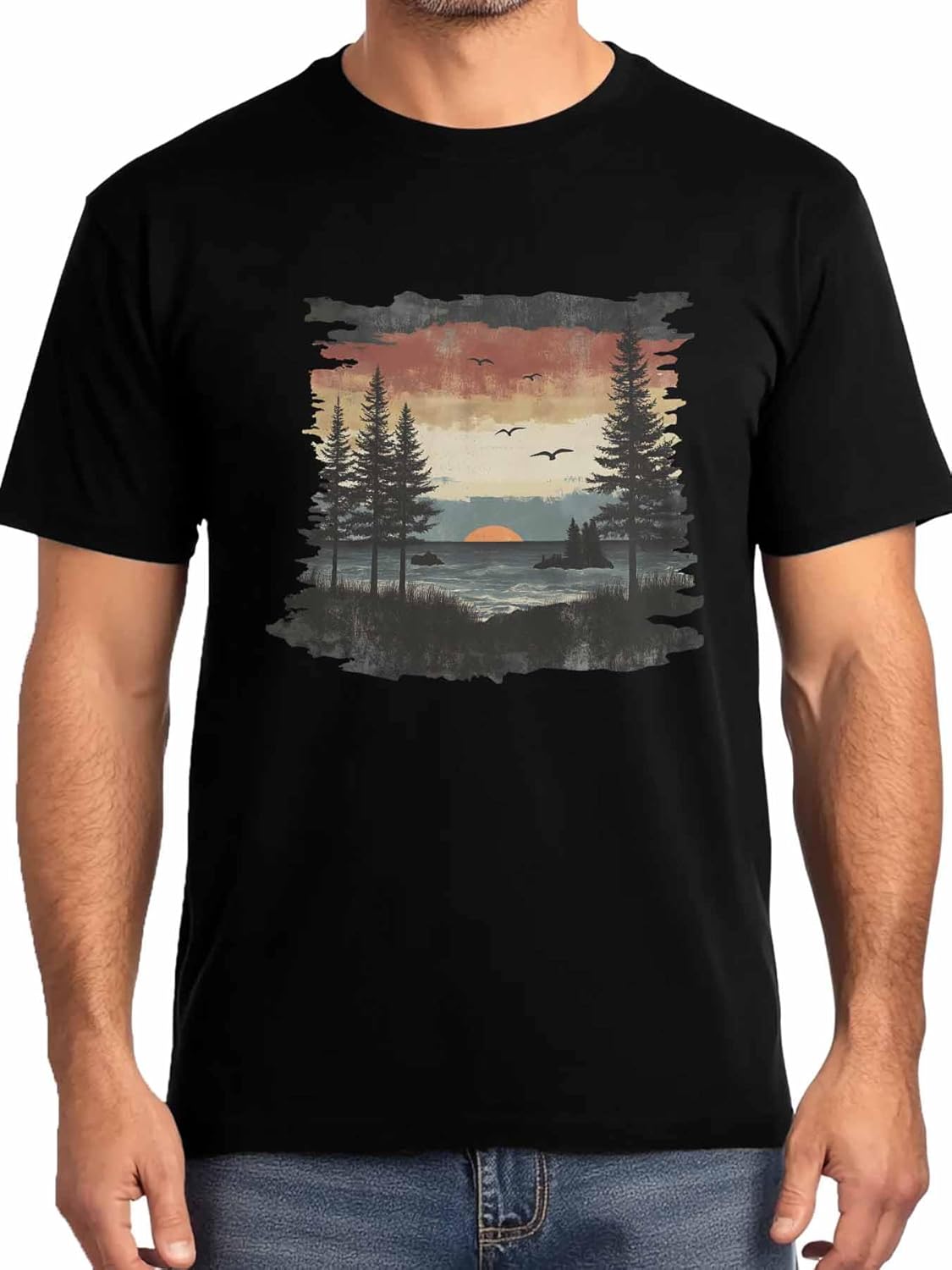 Forest Bird Sunset Mens T-Shirts,Short Sleeve T Shirts for Men Crew Neck Tee Landscape Silhouette Men s T-Shirts S разноцветный