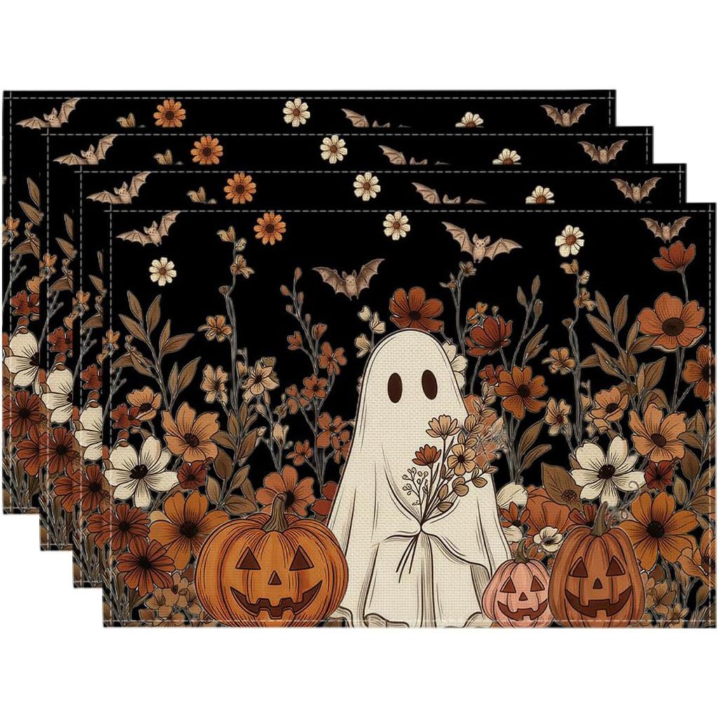 4/6pcs Ghost Jack-O'-Lantern Bat Floral Halloween Placemats, Seasonal Table Mats for Party Kitchen Dining Decoration 12X18 Inches