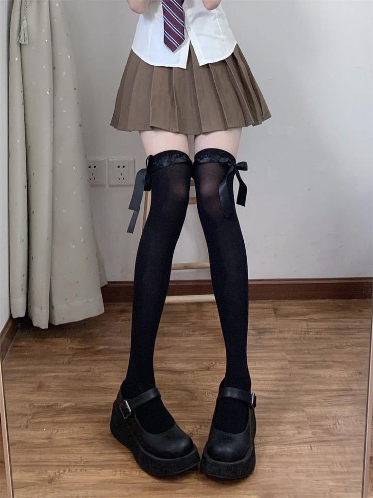 Black Streamer Half-length Stockings Women's Thin Summer Cute Medium Tube Calf Socks Lolita Bow Jk Long Socks