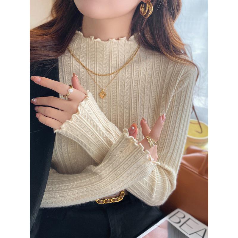 Ruffled Half-High Collar Knit Sweater for Women - Autumn/Winter 2025 Long Sleeve Top