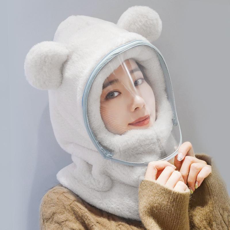 

Windproof Hat with Mask Women s Winter Thickened Warm Pullover Hat Bear Ears Going Out Versatile Plush Hat Adult (over 8 years old)
