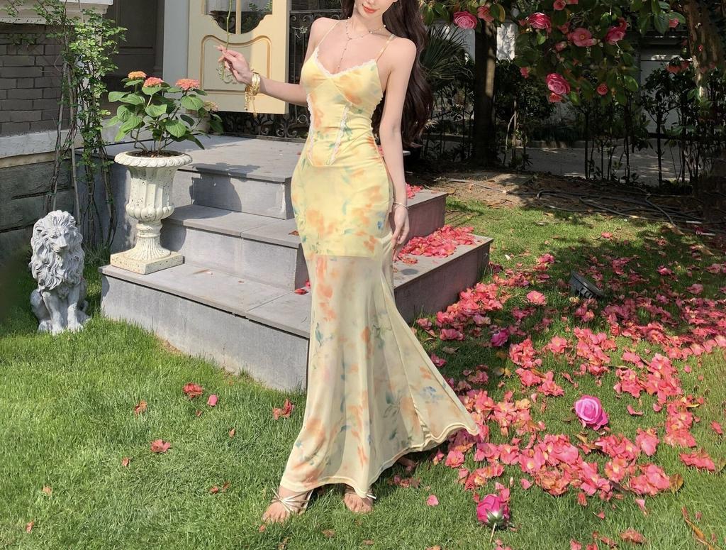 French Yellow Floral Spaghetti Strap Dress for Women, Summer Beach Vacation, Slimming Mesh Fishtail Hip-hugging Long Dress
