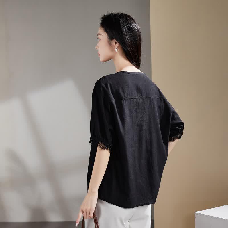 SOFSIL Tencel Linen Blend V-Neck Lace Blouse
