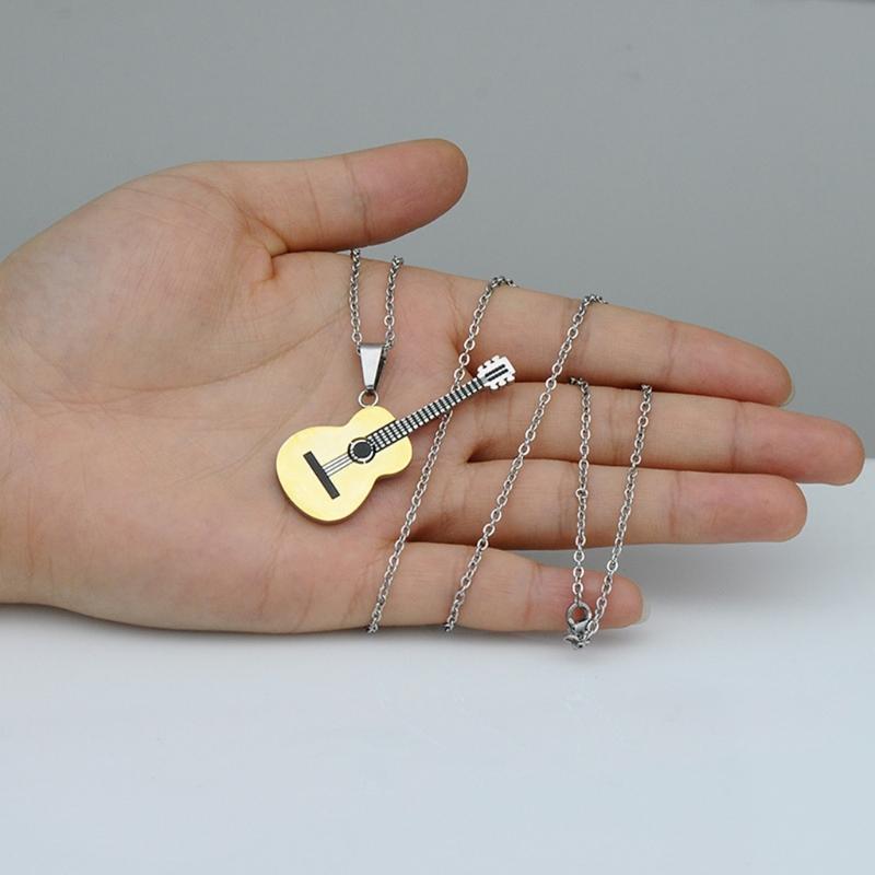 Musical Guitar Pendant with 60cm/24in Chain Hip Hop Music Style Stainless Steel Guitar Pendant Jewelry Personalized Gift