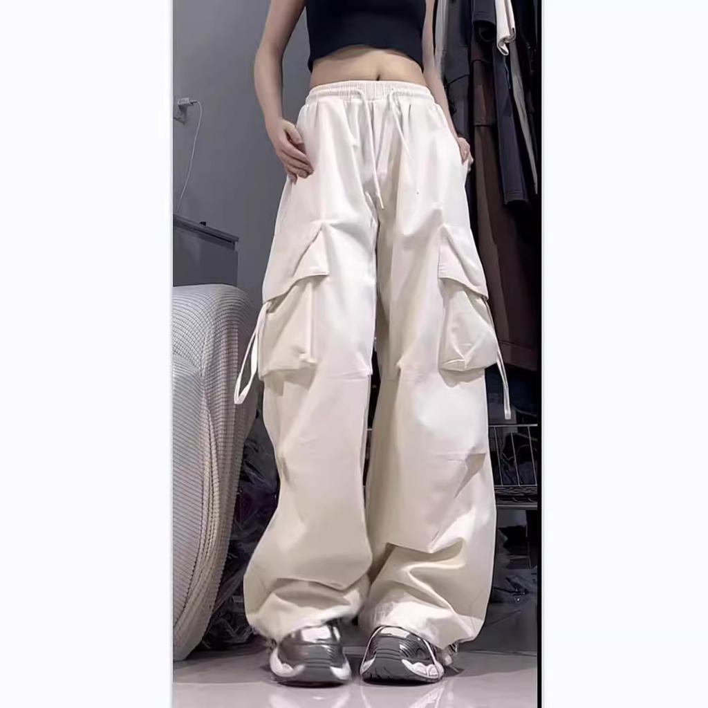 Dámské cargo kalhoty jaro podzim Streetwear Hip Hop Černé kalhoty Vysoký pas Šněrování Ženské volné neformální kalhoty do země