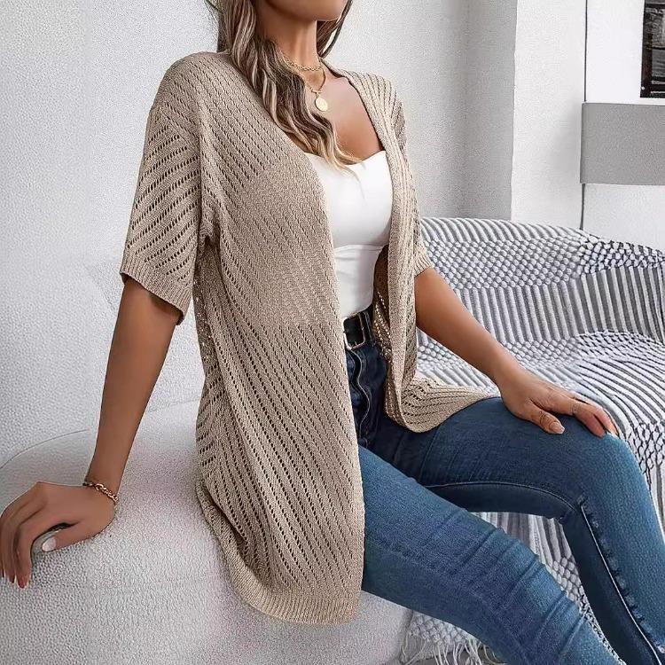 Women's Elegant V Neck Loose Knitted Cardigan Solid Check Sweater Tops for Spring Summer Fashion